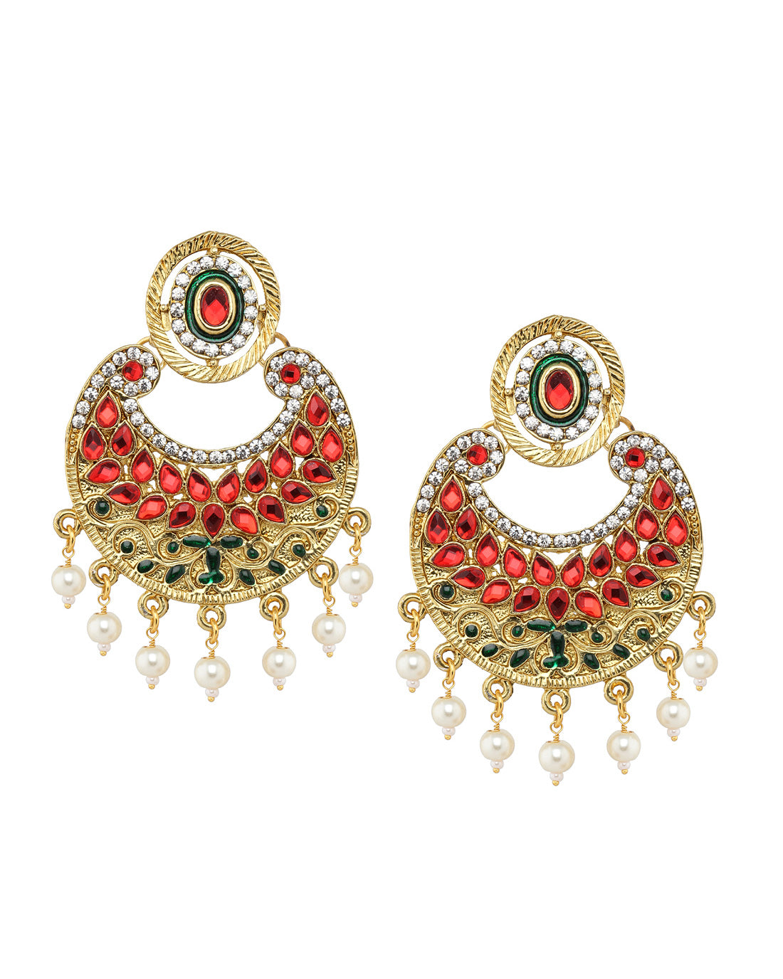 Bindhani gold plated drop pearls enamel work & red white stone dangle earrings secured with post back closure for women and girls