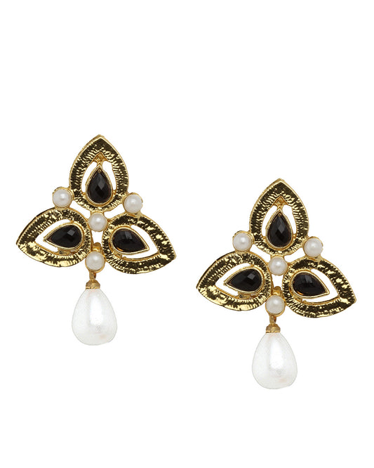 Bindhani gold plated drop pearl & black stone earrings secured with post back closure for women and girls