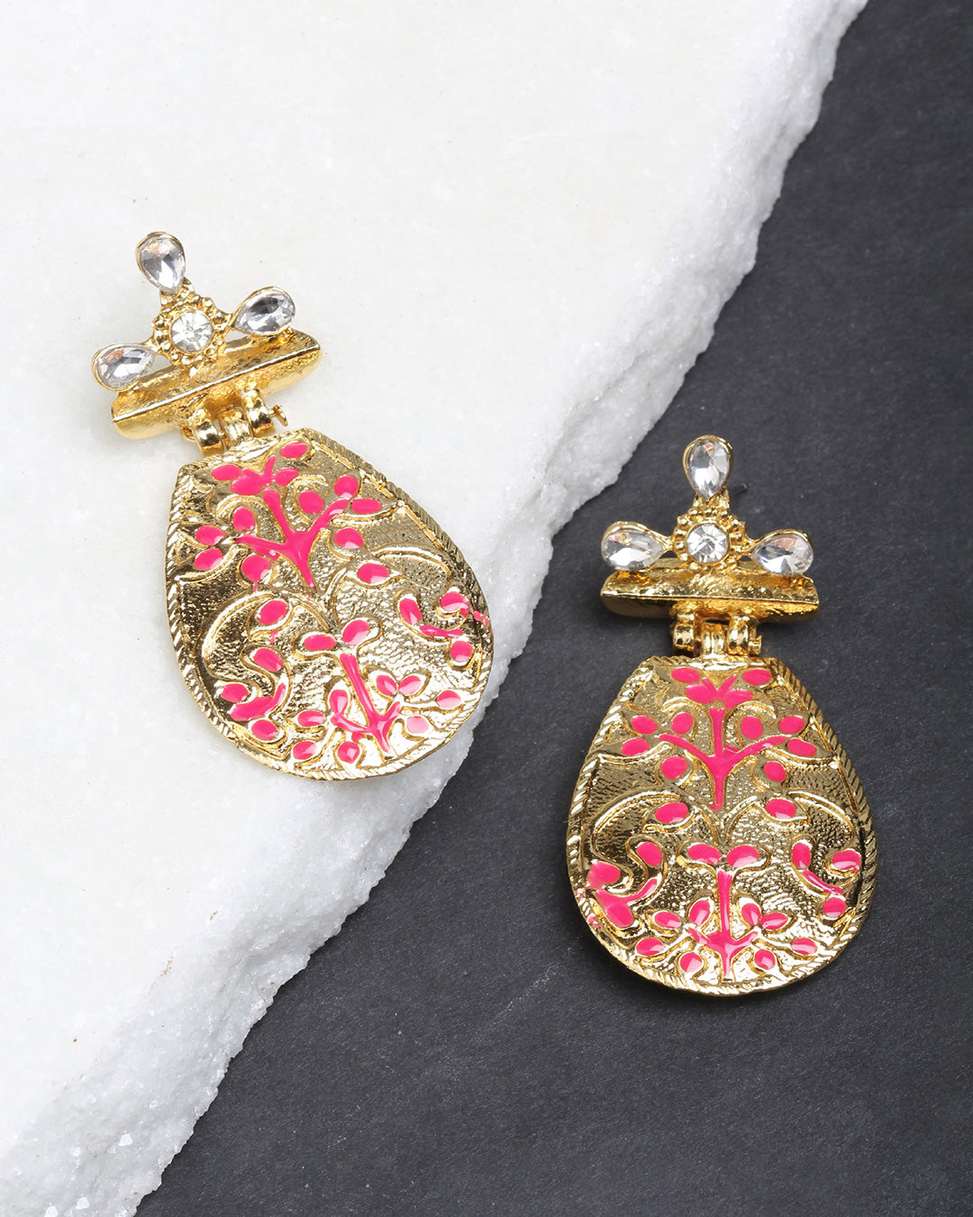 Bindhani gold plated pink colors meenakari and White stone earrings secured with post back closure for women and girls