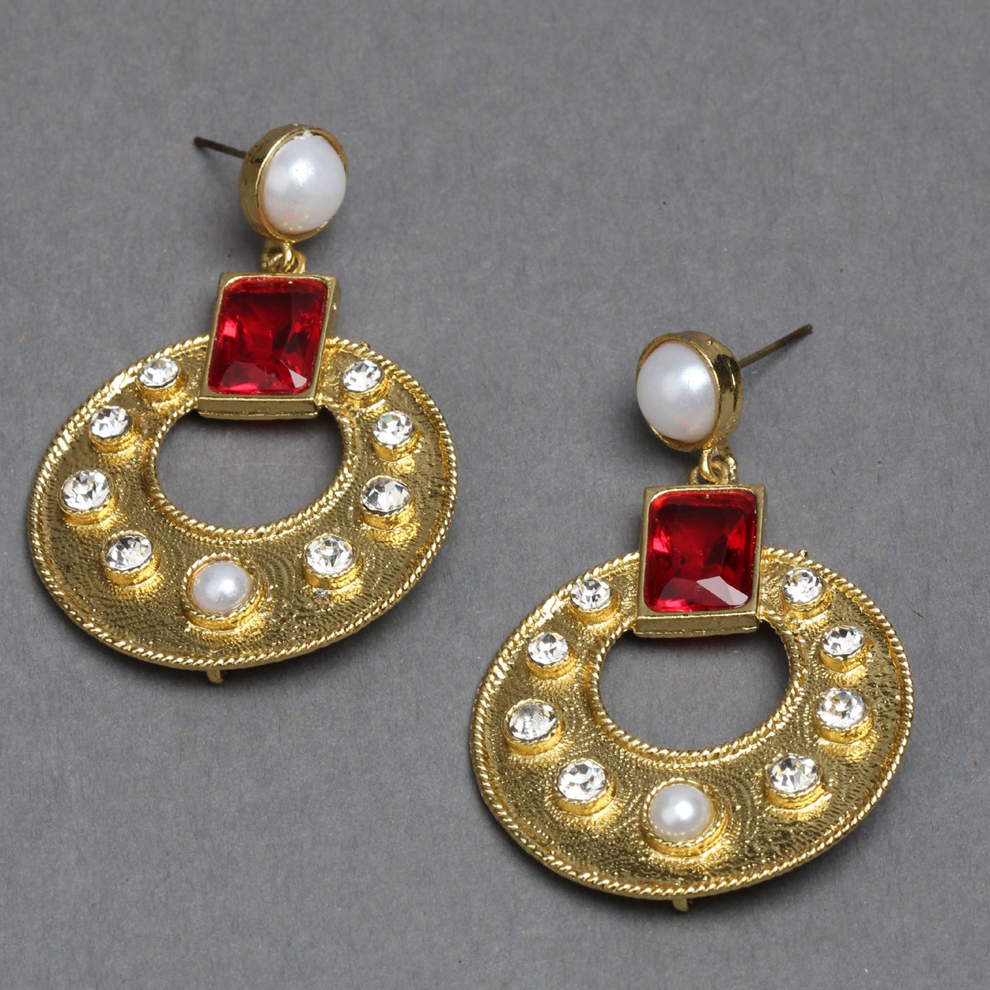 Bindhani gold plated Round Shape White Pearl  & Red White stone Dangle earrings secured with post back closure for women and girls