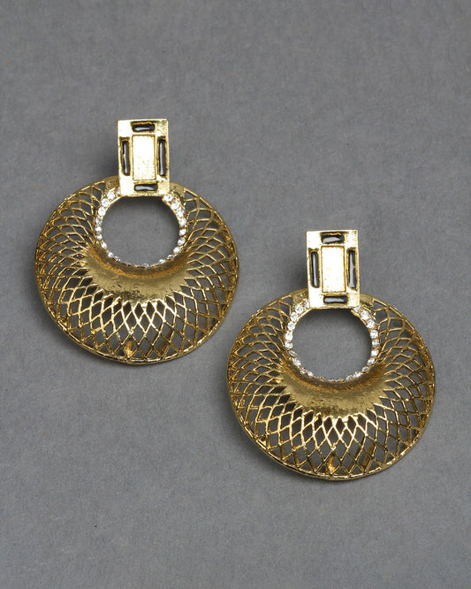 Bindhani gold plated round Shape black meenakari & white stone Dangle earrings secured with post back closure for women and girls