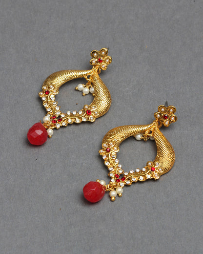 Bindhani gold plated red drop white beads & White red stone dangle earrings secured with post back closure for women and girls