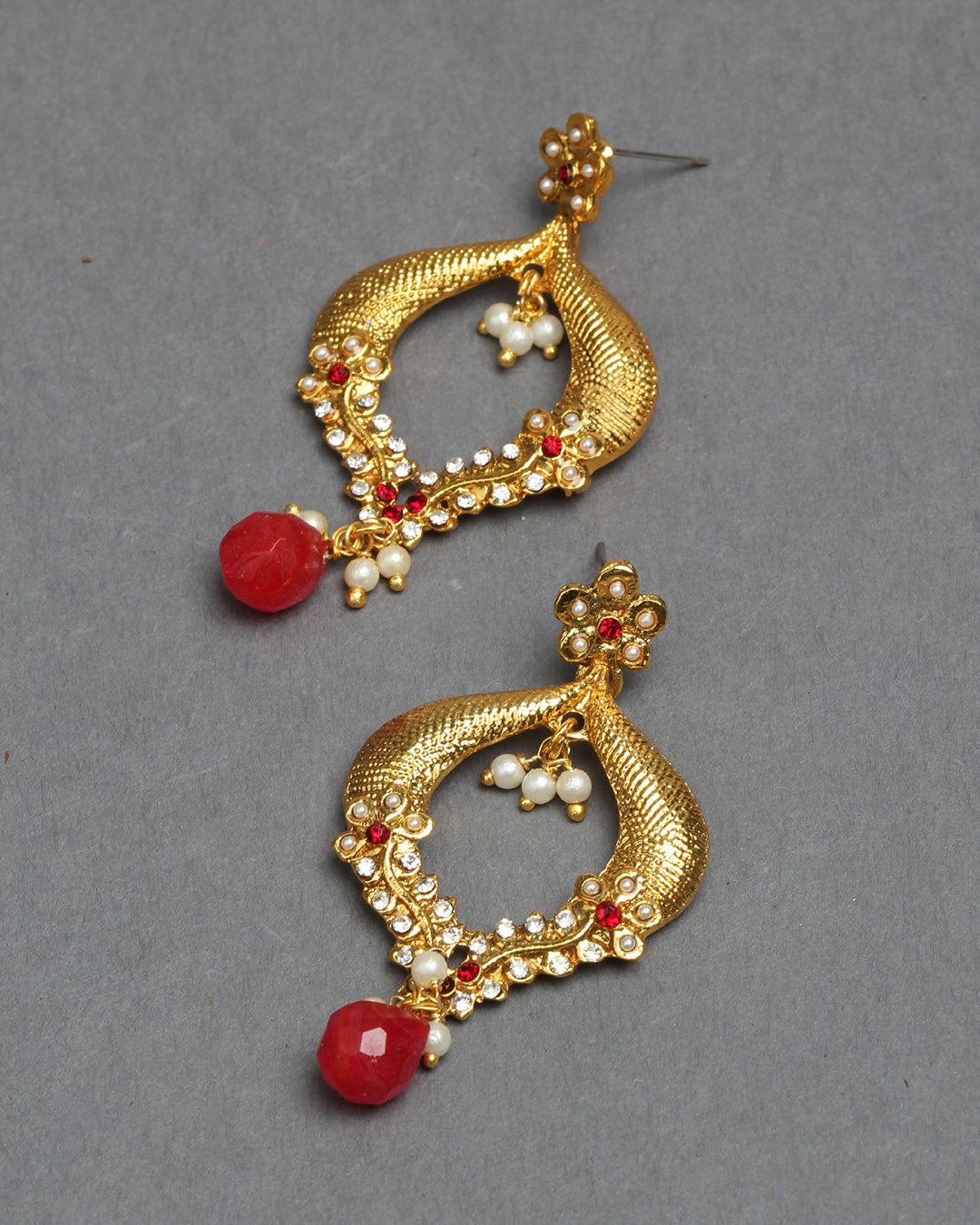 Bindhani gold plated red drop white beads & White red stone dangle earrings secured with post back closure for women and girls