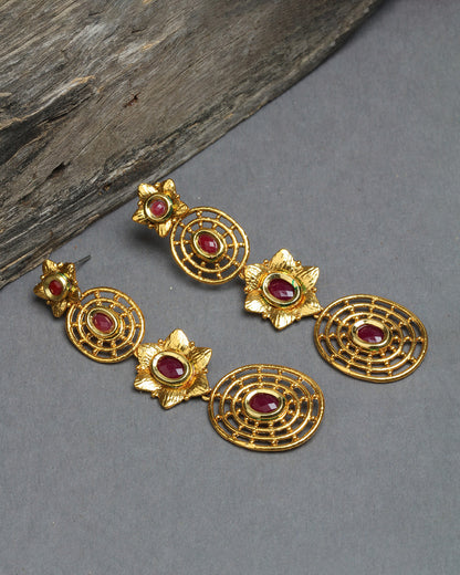 Bindhani gold plated red stone copper dangle blossom earrings secured with post back closure for women and girls