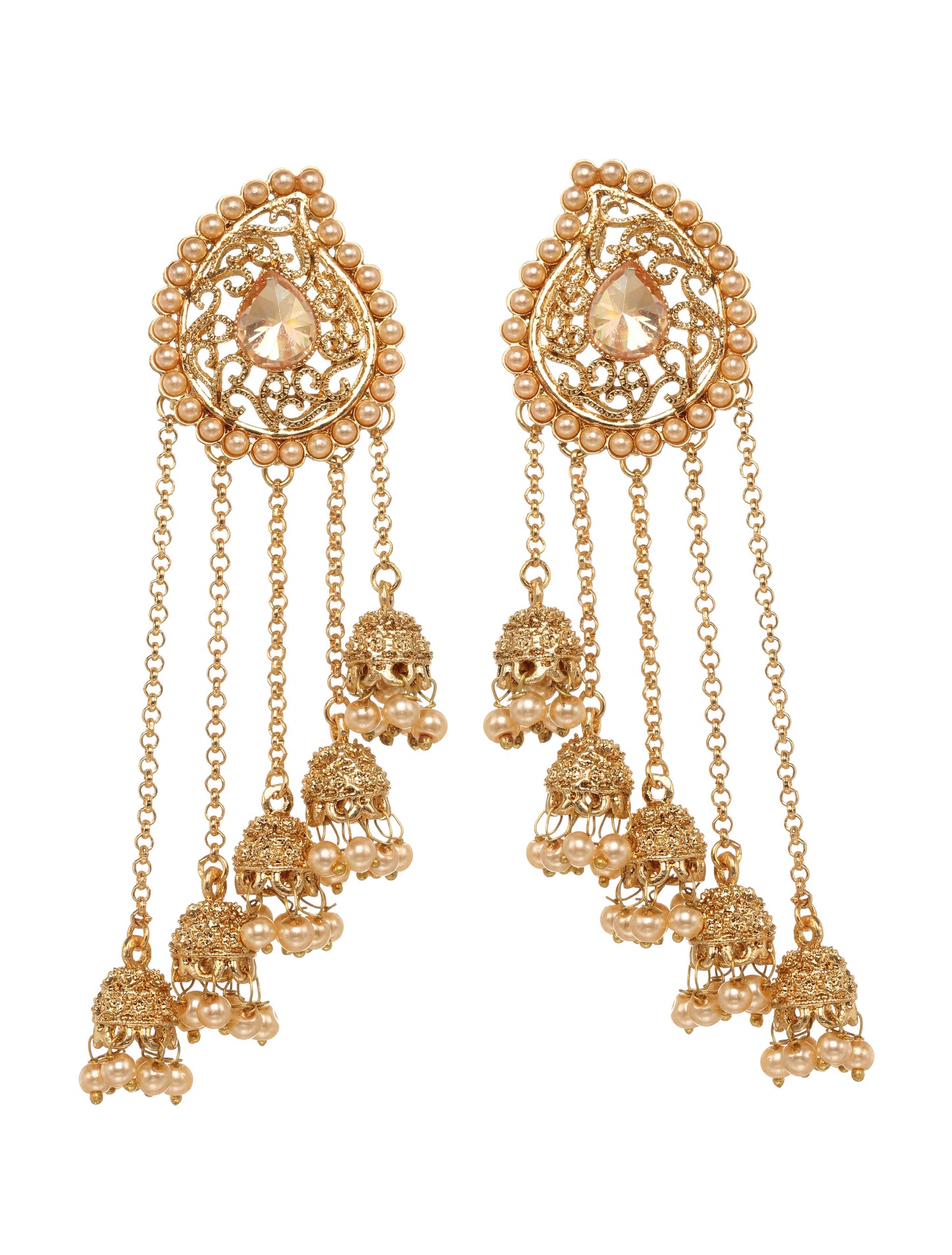 Bindhani gold plated kundan pearl drop jhumka jhumki head chain bahubali earrings secured with post back closure for women and girls