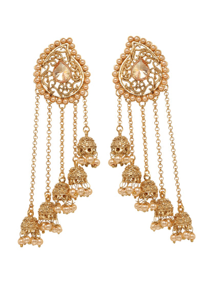 Bindhani gold plated kundan pearl drop jhumka jhumki head chain bahubali earrings secured with post back closure for women and girls