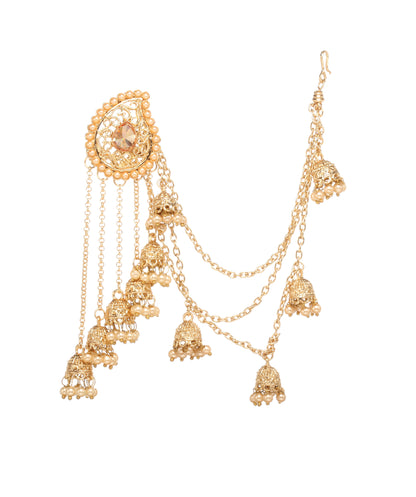 Bindhani gold plated kundan pearl drop jhumka jhumki head chain bahubali earrings secured with post back closure for women and girls