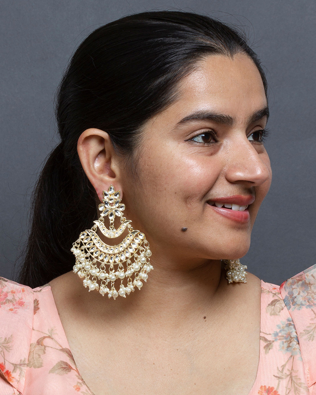 Peach Gold Tone Kundan Inspired Chandbali Earrings – Femizen