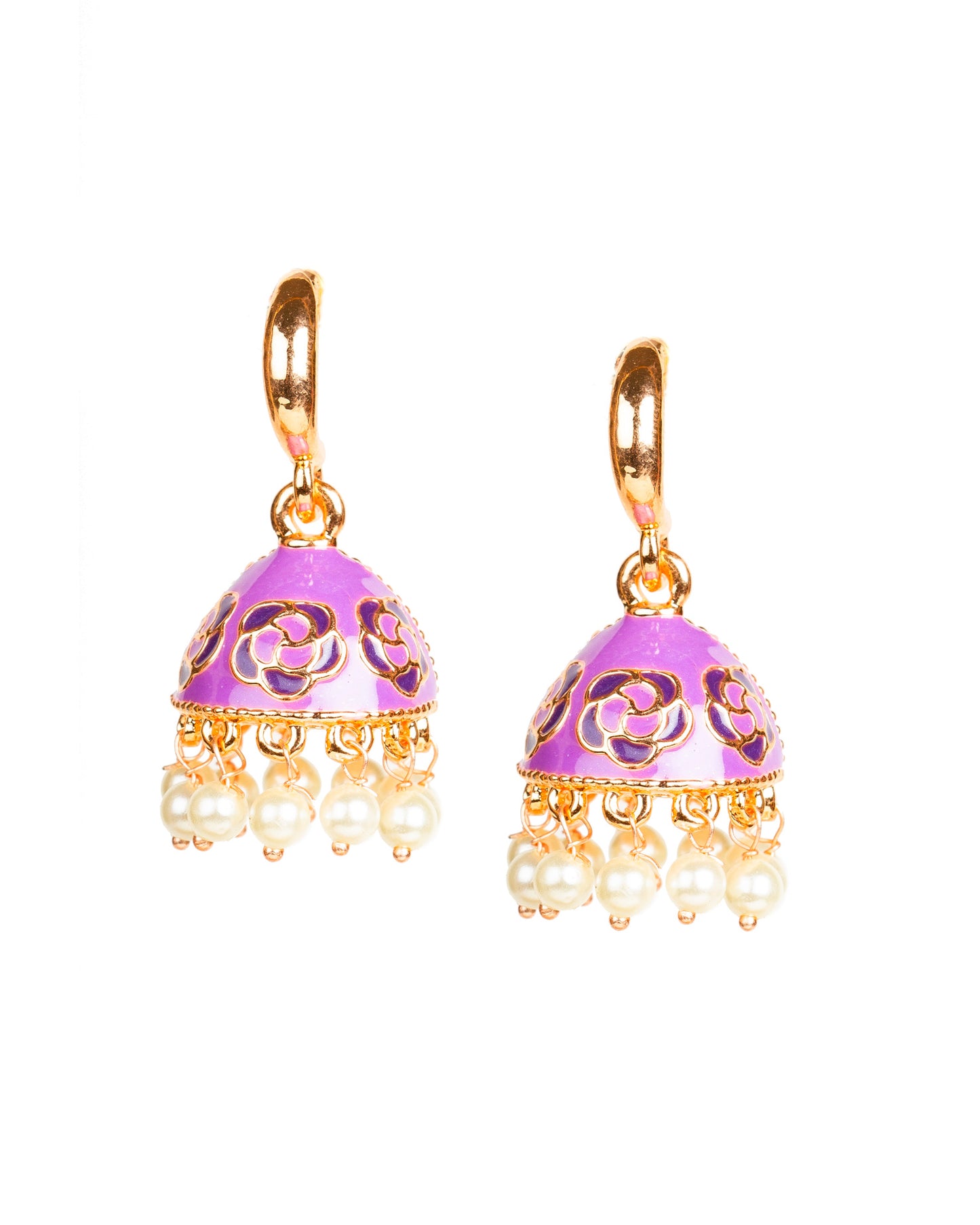 bindhani gold plated pearls drop meenakari small purple jhumka earrings women girls