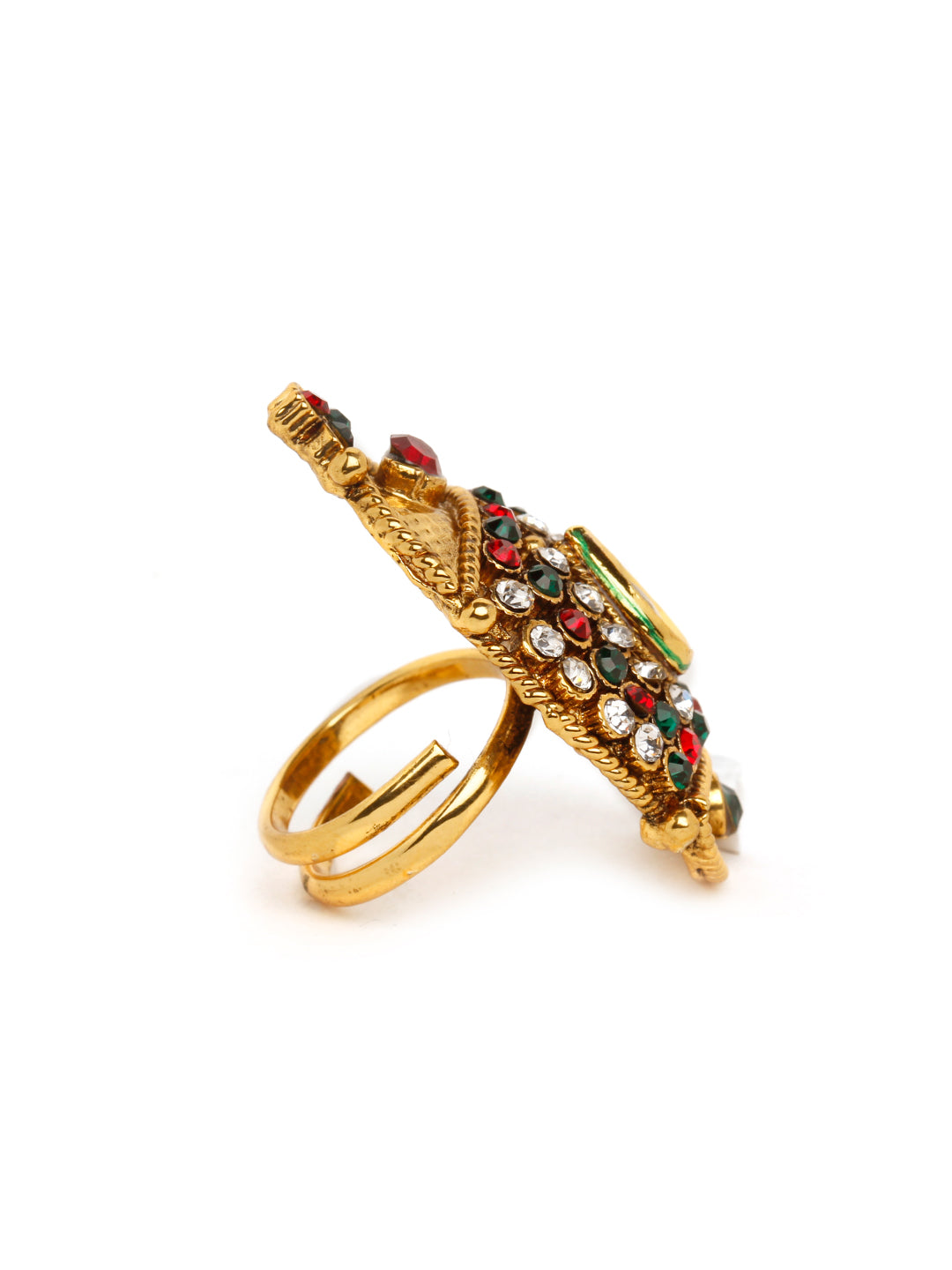 Bindhani copper gold plated green red & kundan white stone adjustable finger ring for women and girls