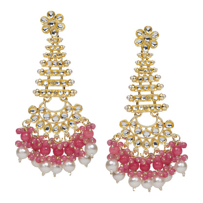 bindhani long gold plated kundan pearl pink drop earrings for women girls